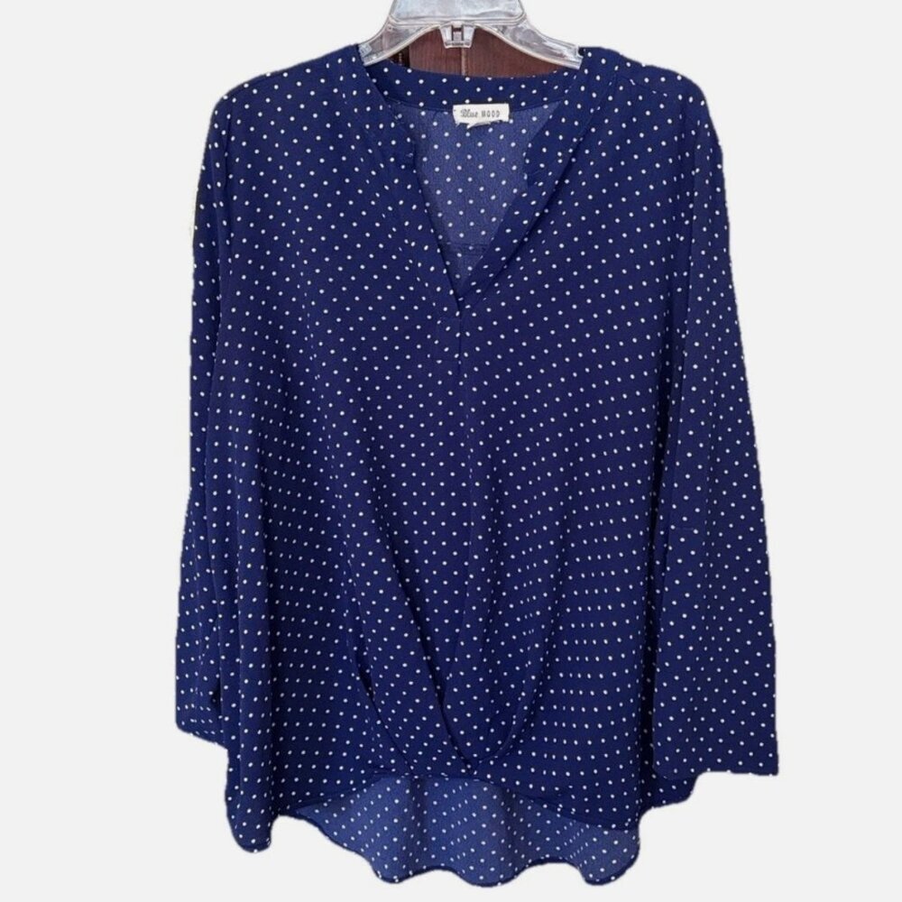Blue Polka Dot V-Neck Blouse